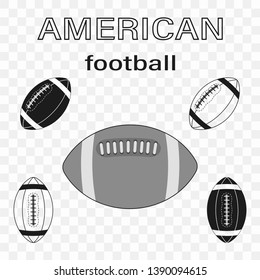 Set of american football balls silhouettes on transparent background. American football ball icon. American football sports concept. Vector illustration.