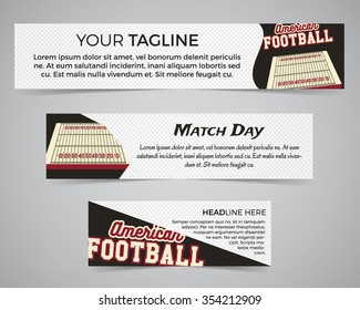 Set of American football banner template with soccer logo, label and badge. Stylish bright identity design. Best for sport magazines on web or print. Usa sports elements, fields, typography. Vector.
