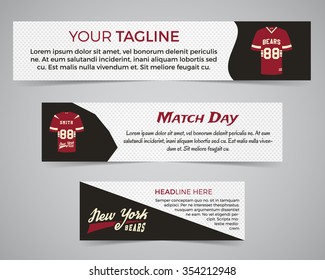 Set of American football banner template with soccer logo, label and badge. Stylish bright identity design. Best for sport magazines on web or print. Usa sports elements, t shirt, typography. Vector.