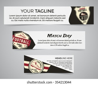 Set of American football banner template with soccer logo, label and badge. Stylish bright identity design. Best for sport magazines on web or print. Usa sports elements, scorer, typography. Vector.