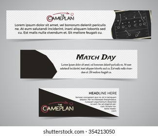 Set of American football banner template with soccer logo, label and badge. Stylish bright identity design. Best for sport magazines on web or print. Usa sports elements, tactic, typography. Vector.