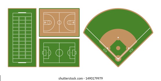 Set of american football, basketball, european football (soccer) and baseball sport fields. Flat design. Vector illustration.