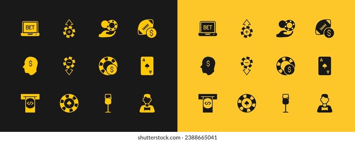Set American football betting money, Casino chips, Wine glass, Hand holding casino, Online sports and  icon. Vector