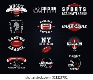 Set of American football, college labels, logos, badges, insignias, icons in vintage style. Graphic design for t-shirt, web. Color emblems isolated on a dark dotted halftone background. Vector.