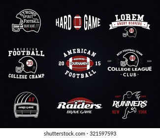 Set of American football, college league labels, logos, badges, insignias, icons in vintage style. Graphic design for t-shirt, web. Color emblems isolated on a dark dotted halftone background. Vector.