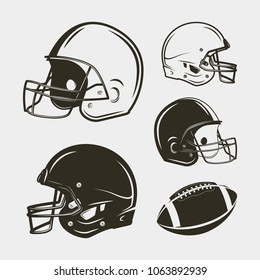 Set Of American Football Equipment And Gear. Helmets And Ball. Sport Design Elements For Logotypes And Emblems. Vector Illustration