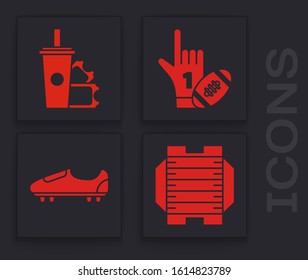 Set American football field, ticket and paper glass soda with drinking straw, Number 1 one fan hand glove with finger raised and american football ball and Soccer or football shoes with spikes. Vector