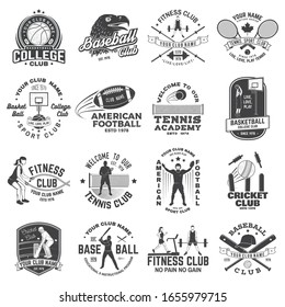 Set of american football, fitness, basketball, cricket, tennis, baseball club badge. Vector illustration for shirt, logo, print, stamp. Vintage design with sportsman player, helmet and ball silhouette