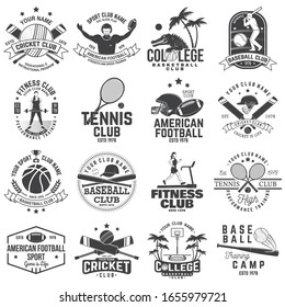 Set of american football, fitness, basketball, cricket, tennis, baseball club badge. Vector illustration for shirt, logo, print, stamp. Vintage design with sportsman player, helmet and ball silhouette