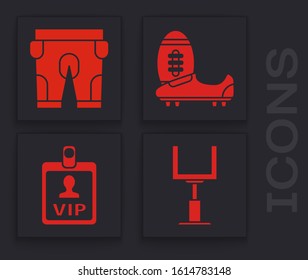 Set American football goal post, American football shorts, Soccer or football shoes with spikes and VIP badge icon. Vector