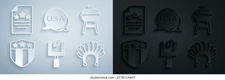 Set American football goal post, Barbecue grill, Shield with stars, Indian headdress feathers, USA Independence day and Declaration of independence icon. Vector