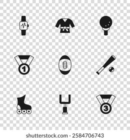 Set American football goal post, Baseball bat with, Medal, Football, Golf on tee, Smart watch heart, Kimono and  icon. Vector