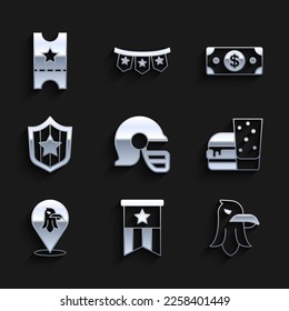 Set American football helmet, flag, Eagle, Burger, Shield with stars, Stacks paper money cash and Baseball ticket icon. Vector