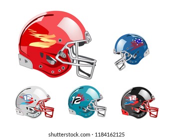 Set American football helmet on white background, sports equipment, vector illustration