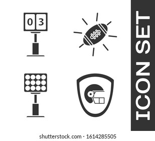 Set American football helmet and shield, Sport football mechanical scoreboard and result display, Bright stadium lights and American Football ball icon. Vector