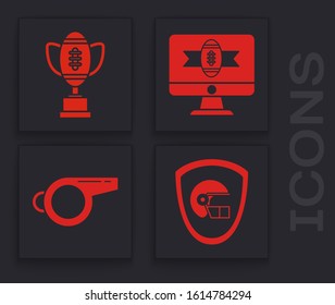 Set American football helmet and shield, Award cup and American football ball, American football on tv program and Whistle icon. Vector