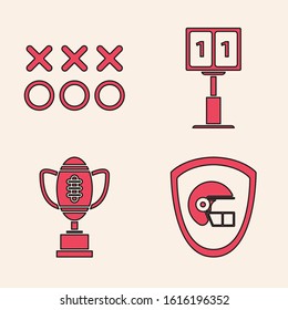 Set American football helmet and shield, Planning strategy concept, Sport football mechanical scoreboard and result display and Award cup and American football ball icon. Vector