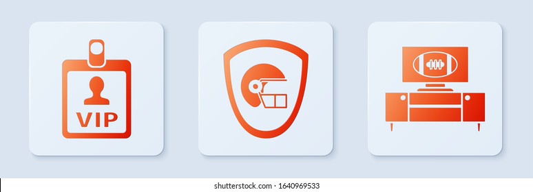 Set American football helmet and shield, VIP badge and American football on tv program and stand. White square button. Vector