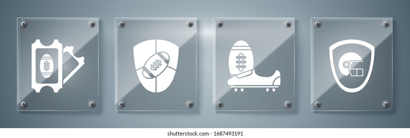 Set American football helmet and shield, Soccer or football shoes with spikes, American Football ball and shield and American Football ticket. Square glass panels. Vector