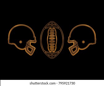 A set of American football helmets and ball in gold against a black background illustration. Vector EPS 10 available.