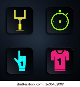 Set American football jersey, American football goal post, Number 1 one fan hand glove with finger raised and Stopwatch. Black square button. Vector