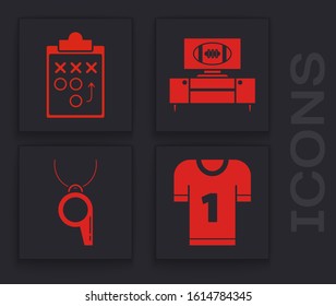 Set American football jersey, Planning strategy concept, American football on tv program and stand and Whistle icon. Vector