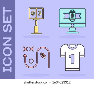 Set American football jersey, Sport football mechanical scoreboard and result display, Planning strategy concept and American football on tv program icon. Vector