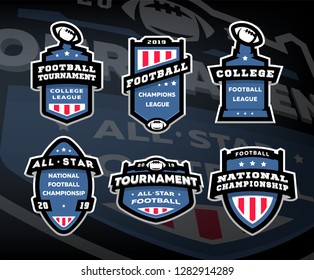 Set of American football logos, emblems, labels on a dark background.