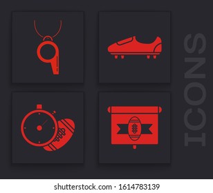 Set American football on tv program, Whistle, Soccer or football shoes with spikes and American Football ball and stopwatch icon. Vector