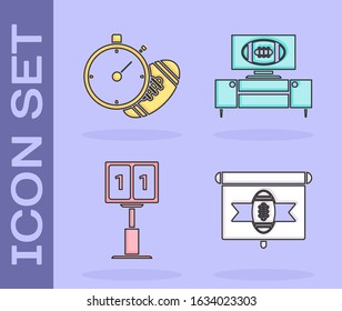 Set American football on tv program, American Football ball and stopwatch, Sport football mechanical scoreboard and result display and American football on tv program and stand icon. Vector
