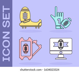 Set American football on tv program, Soccer or football shoes with spikes, American Football ticket and Number 1 one fan hand glove with finger raised and american football ball icon. Vector