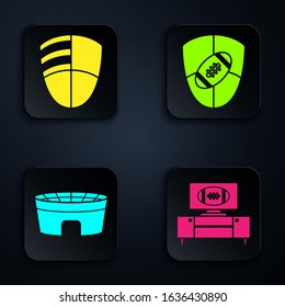 Set American football on tv program and stand, Football club logo template, Football stadium and American Football ball and shield. Black square button. Vector