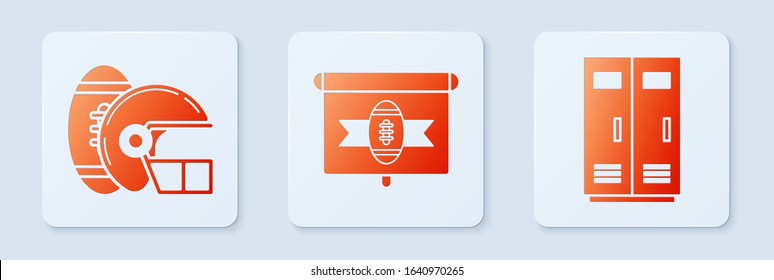 Set American football on tv program, American Football ball and helmet and Locker or changing room for football, basketball team or workers. White square button. Vector