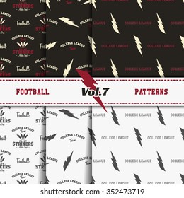 Set of american football patterns. Usa sports seamless background collection. Sport wallpaper with print in monochrome and color design. Vector soccer equipment graphic. Sketch, hand drawn style