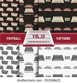 Set of american football patterns. Usa sports seamless background collection. Sport wallpaper with field in monochrome and color design. Vector soccer equipment graphic. Sketch, hand drawn style