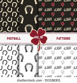 Set of american football patterns. Usa sports seamless background collection. Sport wallpaper with clover in monochrome and color design. Vector soccer equipment graphic. Sketch, hand drawn style