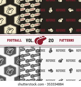 Set of american football patterns. Usa sports seamless background collection. Sport wallpaper with clover in monochrome and color design. Vector soccer equipment graphic. Sketch