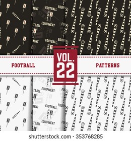 Set of american football patterns. Usa sports seamless background collection. Sport wallpaper with markers in monochrome and color design. Vector soccer equipment graphic. Sketch, hand drawn style