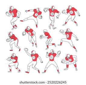 Set of american football players with football ball in different dynamic characteristic poses. Sport. Players in red uniform. Vector doodle linear illustration