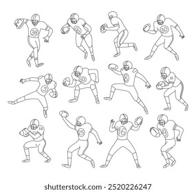 Conjunto de jogadores de futebol americano com bola de futebol em diferentes poses características dinâmicas. Esporte. Ilustração linear de doodle vetorial