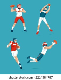 Set of American football players catch and pass the ball. Sports character. Isolated. Vector flat illustration
