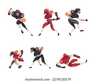 Set of american football players running with ball. Male athletes in uniform in different actions cartoon vector illustration