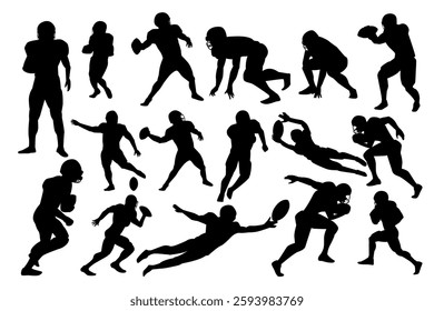 Set of American Football players silhouette on the field. Black and white Vector Illustration