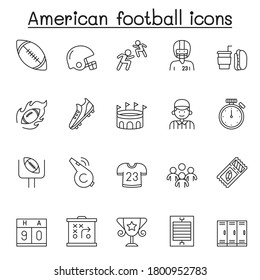 Set Of American Football Related Vector Line Icons. Contains Such Icons As Ball, Whistle, Player, Shirt, Trophy, Helmet, Touchdown, Referee, Ticket, Scoreboard, Stadium, Junk Food And More.