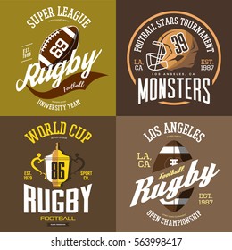 Set of american football or rugby badge with helmet or cap, face mask and oval ball, trophy or competition cup. Sportswear t-shirt print LA or Los Angeles cloth branding. Sport team or club sign