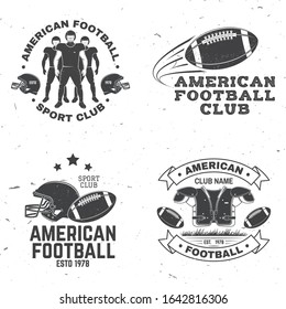 Set of american football or rugby club badge. Vector for shirt, logo, print, stamp, tee, patch. Vintage design with american football sportsman player, helmet, ball, grass and shoulder pads silhouette