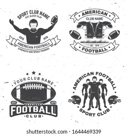 Set of american football or rugby club badge. Vector for shirt, logo, print, stamp, tee, patch. Vintage design with american football sportsman player, helmet, ball and shoulder pads silhouette