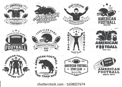 Set of american football or rugby club badge. Vector for shirt, logo, print, stamp, tee, patch. Vintage design with bull, american football sportsman player, helmet, ball and shoulder pads silhouette