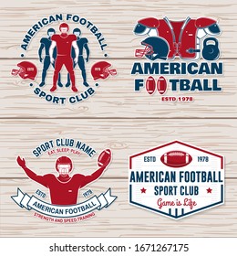 Set of american football or rugby club sticker, patch. Vector for shirt, logo, print, stamp, tee, patch. Vintage design with american football sportsman player, helmet, ball, grass and shoulder pads s