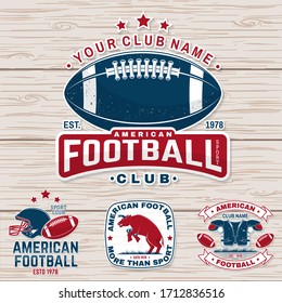 Set of american football or rugby club sticker, patch. Vector for shirt, logo, , stamp, patch. Vintage design with american football sportsman player, helmet, ball, grass and shoulder pads silhouette